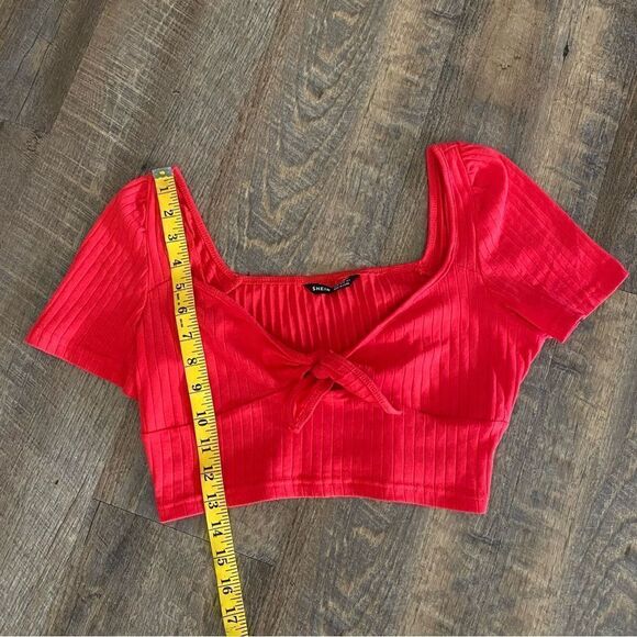 SHEIN Crop Top Red Ribbed Stretch Front Tie Festival Party - Picture 7 of 9